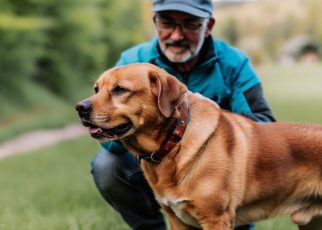 un homme caresse son chien