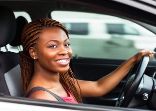 une femme conduit avec le sourire en voiture